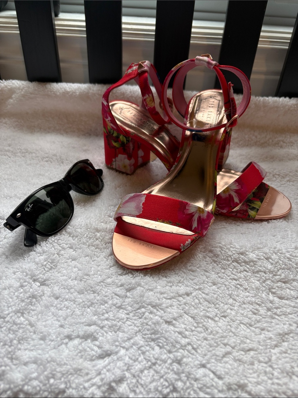 Ted Baker Red Floral Block Heel Sandal with Gold Insole